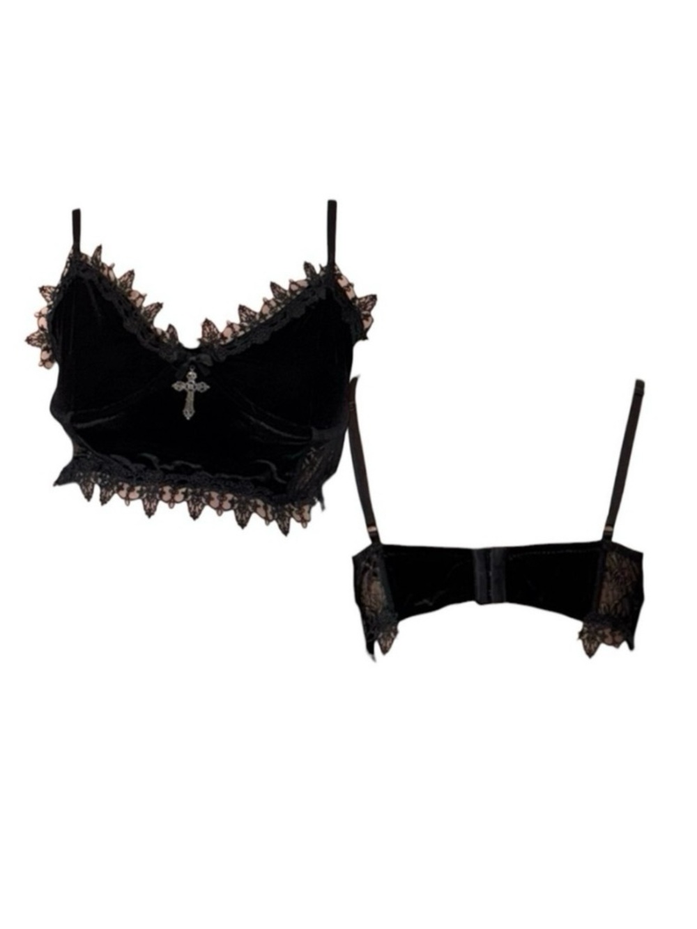 Dolls Kill Black Velvet Lace Trim Cropped Cami with Cross Charm